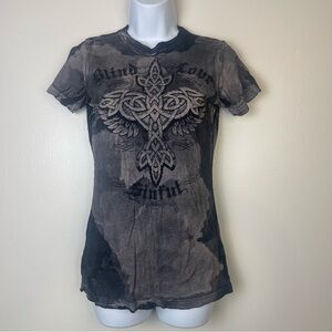 Vintage Affliction Sinful t-shirt in grey and black tie-dye with graphic print